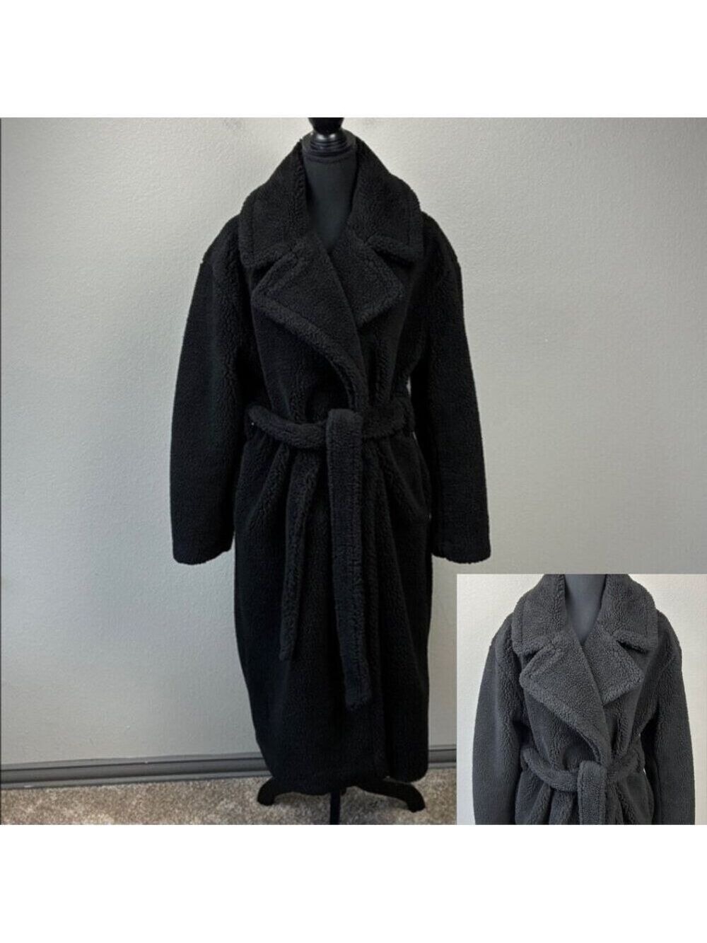 Gap Long Sherpa Coat Black Double Breasted Tie Waist Pockets Teddy Trench M
